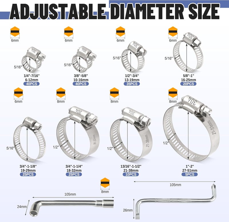 Ailbiuko 200 PCS Hose Clamp Assortment Kit 304 Stainless Steel Hose Clamps Adjustable 1/4"-2"(6-51mm) Worm Gear Clamps for Fuel Line, Plumbing, Automotive, Pipe, Radiator, Garden - Image 2